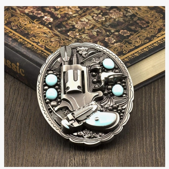 New Western steer bull cowboy turquoise revolver pistol gun Belt buckle - Picture 3 of 3